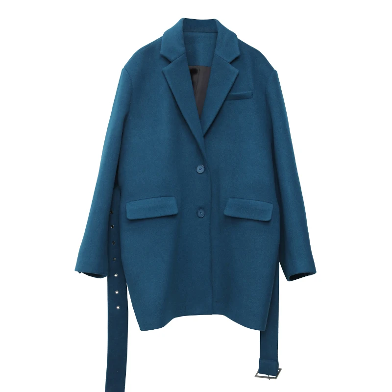 Getвесенний Женский блейзер, шерстяной синий Блейзер, Женский однобортный пиджак с длинным рукавом и поясом, кашемировый длинный пиджак