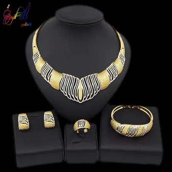 

Yulaili Dubai Jewelry Sets Nigerian Bridal Wedding Two Tones Rhinestone Necklace Earrings Bracelet Ring for Women Party Gifts
