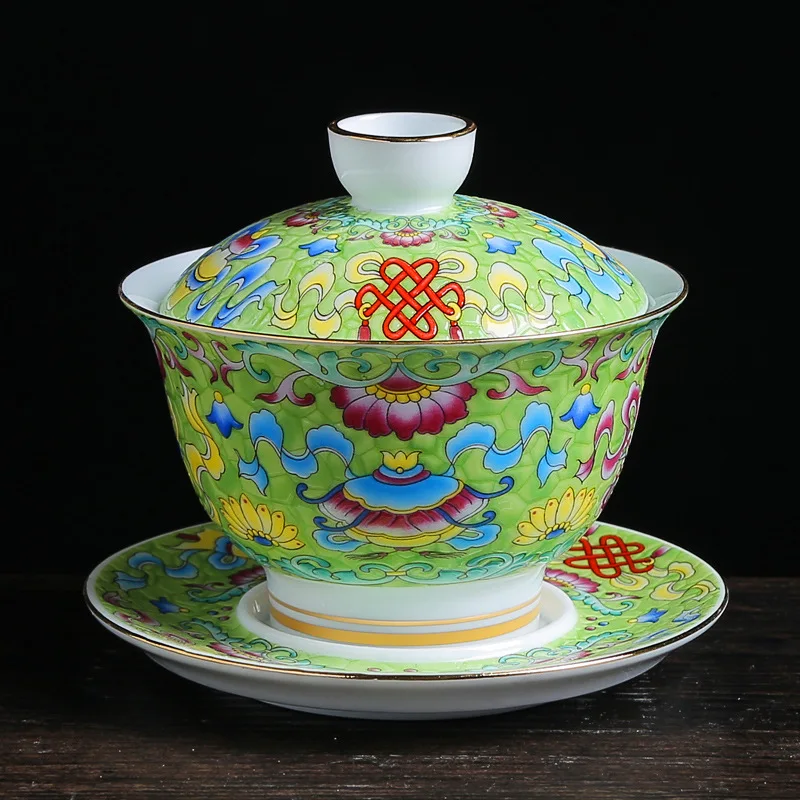 Цветная эмалированная китайская чайная посуда Gaiwan Sancai, чайная чаша, набор чайных чашек и блюдца, 150 мл, чайная чашка, чайник - Цвет: F