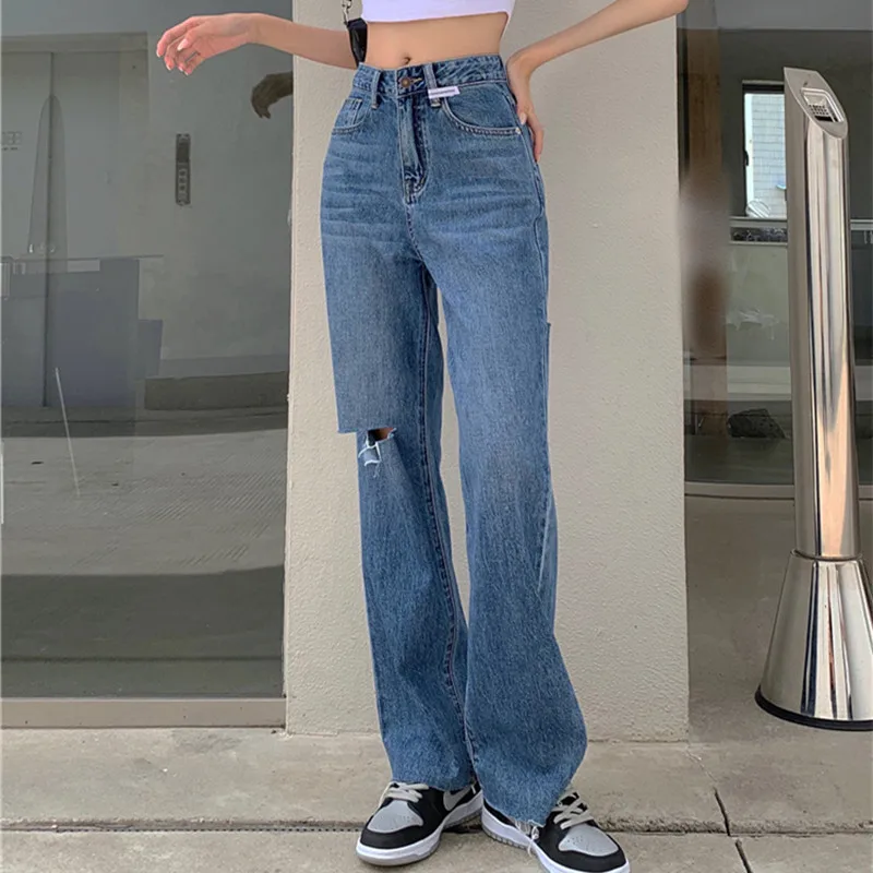 

Женские рваные джинсы с высокой талией, одежда из денима с широкими штанинами, уличная одежда, винтажные Качественные прямые брюки в стиле Харадзюку