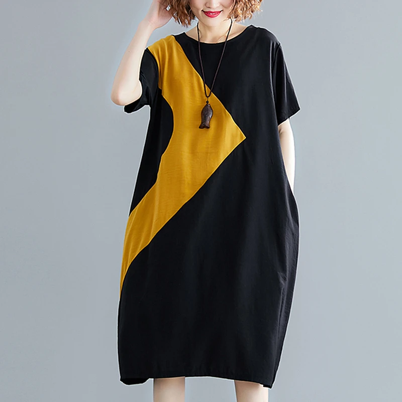 

2019 Summer plus size patchwork women dress midi cotton vintage short sleeve casual loose robe femme vestidos ladies dresses