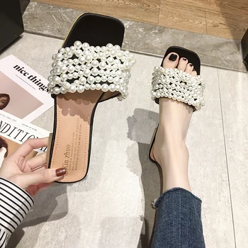 

3 Cm Pearl Slippers Women Wood Heel Black Pink Slippers Summer Sweet Low Heel Sandals Women Outdoor Open Toe Slides 2020