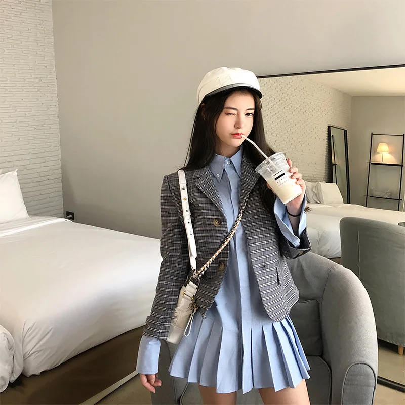

2019 New Korean Version of Small Temperament Western Suit Jacket Notched Single Breasted Plaid Clothes Women Jackets and Coats