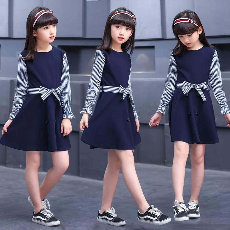 Back To School Clothing 2019 Teenage Dress Girls Clothes Autumn Blue Striped Kids Girl Shirt Long Sleeve Dresses Baby Children  3 4 5 6 7 8 9 10 11 12 13 14 15 years little teenage teen toddler kids dress long sleeve teens dress (1)