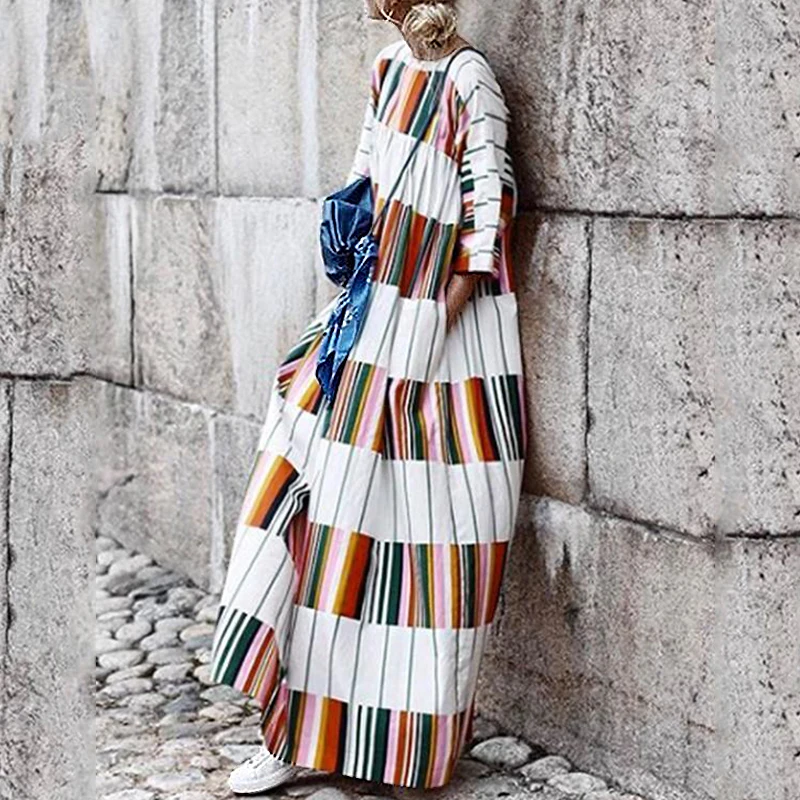 

Kaftan One Piece Women Long Dress Contrast Color Stitching O-neck 3/4 Sleeve Thin Summer Autumn Dress S-3XL Plus Size Maxi Dress