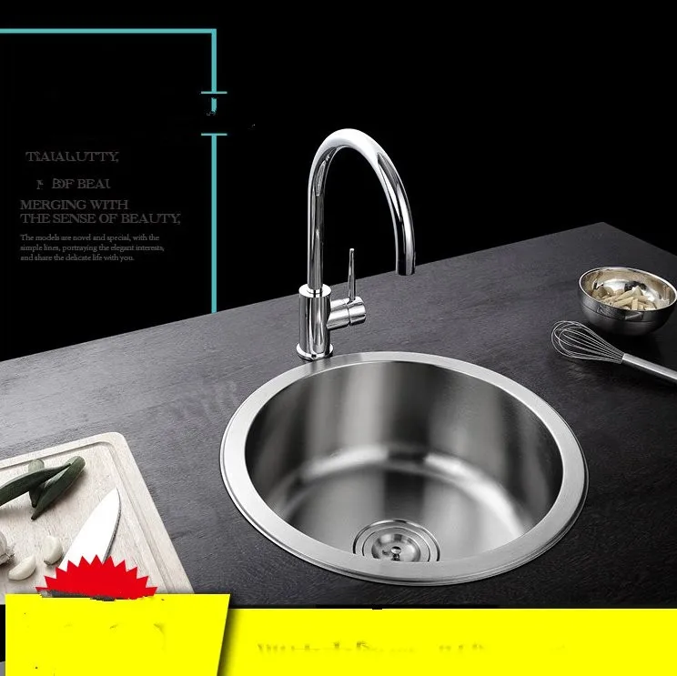 Kitchen Sink 304 Stainless Steel 36X36/40X40CM Round Single Trough Set Dish Basin Dishwashing Pool Balcony Pool Bar