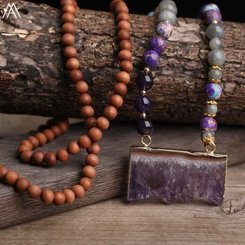 

Natural Amethysts Quartz Slab Beads Pendant 6mm Round Sea Sediment Jaspers Fragrant Wooden Prayer Beads Cord Knotted Necklace