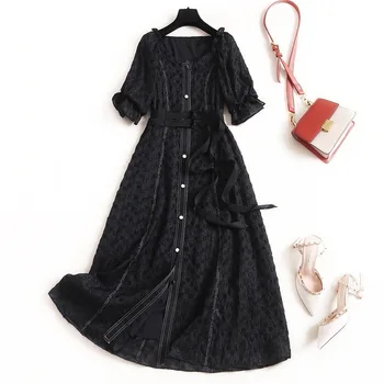 

2020 New Runway Elegant Ruffle Dress Fashion Square Collar Short Lantern Sleeve High Waist Long Chiffon Dresses Vestidos