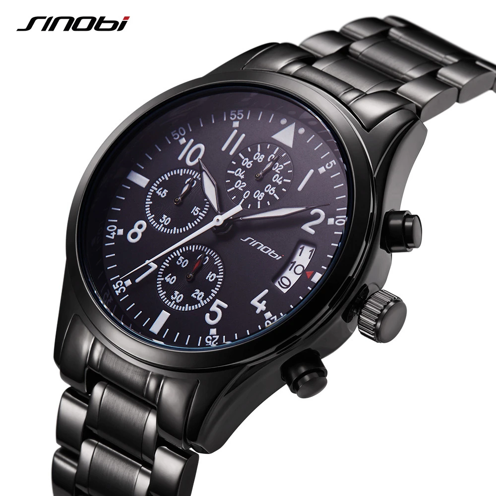 SINOBI Watches Men Waterproof Stainless Steel Luxury Pilot Wrist