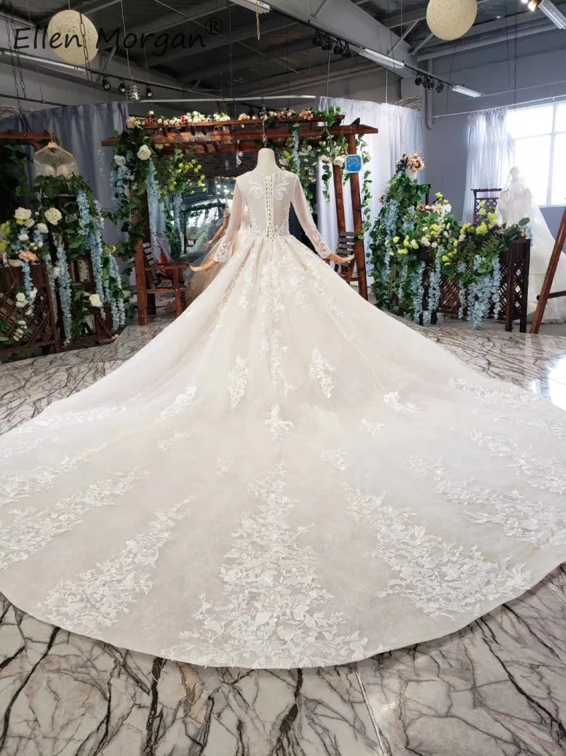 Vestidos De Novia Бальные платья цвета слоновой кости с длинными рукавами для невесты Новые свадебные платья с вырезом лодочкой и кружевной аппликацией из бисера