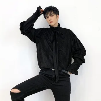 

Men Vintage Puff Sleeve Tie Bow Collar Loose Casual Pullover Shirt Male Women Streetwear Gothic Party Dress Shirt