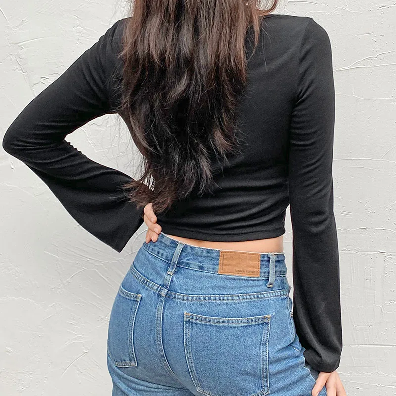 IAMSURE 2020 Autumn Solid Black Basic Long Sleeve Women Casual Cardigan Blouses Square Collar Fitness Female Cropped Shirt