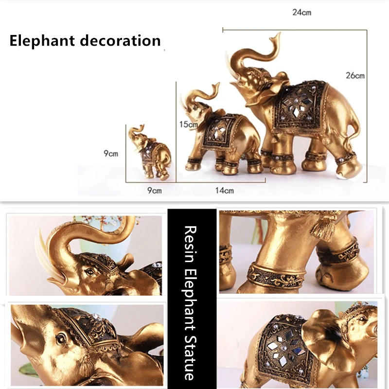 Golden Resin Elephant Statue Lucky Feng Shui Wealth Figurine Crafts 