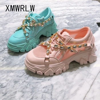 

XMWRLW 2020 Spring Summer Breathable Mesh Women Chunky Sneakers Fashion Rhinestone Woman Candy Color Shoes Female Chunky Sneaker