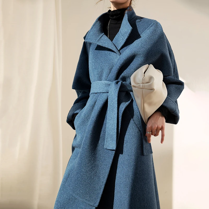 TVVOVVINLoose Fit split Blue, большой размер, с шарфом, шерстяное пальто, парки, новинка, длинный рукав, женская мода, Осень-зима 1485