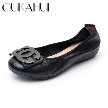 

OUKAHUI Size 34-43 Genuine Leather Shallow Round Toe Ballet Flats Elegant Shoes Women Metal Round Buckle Soft Ladies Flat Shoes