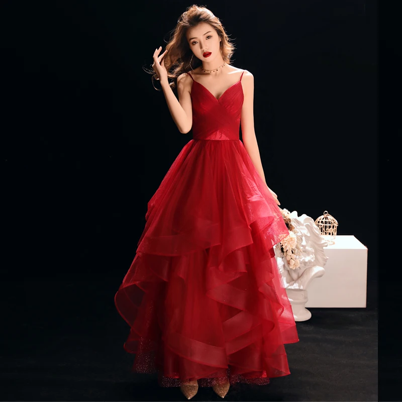 

Evening Dresses Burgundy A-Line Sexy Backless Formal Party Gown Floor-Length V-Neck Sling Elegant Prom Dress Robe De Soiree E529