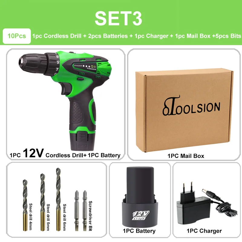 SET3 (2 pc battery) 12 В двойная скорость Беспроводная Дрель батарея дрель электроинструменты отвертка электродрель Отвертка Ящик для инструментов+ аксессуары для электроинструмента - Цвет: SET3 (2 pc battery)