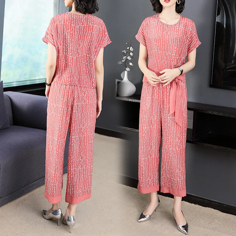 

Vacation Style Mulberry Silk Two-Piece 2019 Summer New Style Tops Wide-Leg Capri Pants Printed Real Silk-Style Set