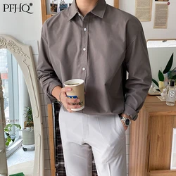 Pfhq 2021 nova moda masculina solta cor sólida lapela manga longa estilo coreano negócios na moda formal camisa primavera outono 21e5848