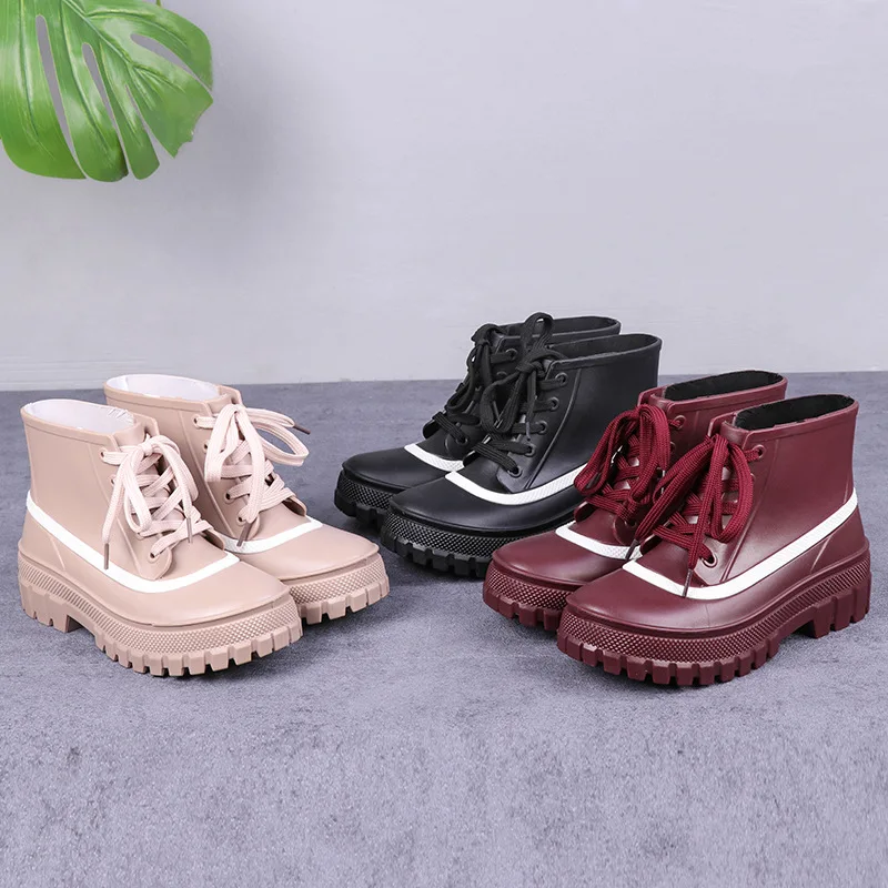 Rouroliu Ankle Rain Boots Women Hot Fashion Waterproof PVC Shoes Non-Slip Work Water Boots Lace-up Rain Boots