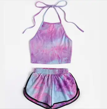 

2 Pieces Suit Set For Women Tie-Dye Print Sleeveless Crop Top Strappy + Pants
