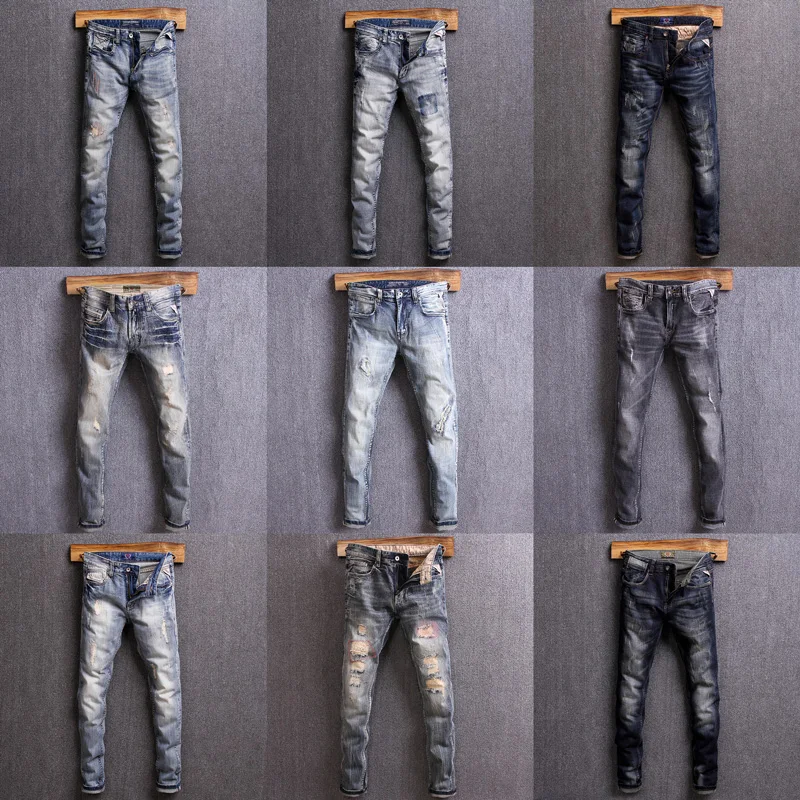

Italian Style Fashion Men Jeans High Quality Slim Ft Destroyed Ripped Jeans Men Hip Hop Pants Streetwear Designer Jeans Homme