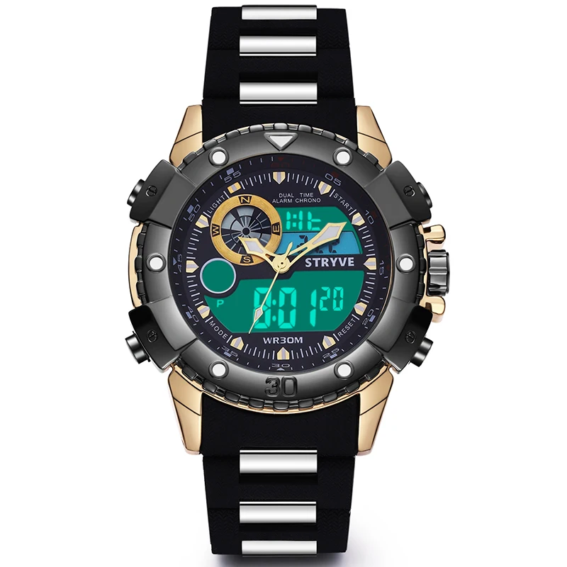 Mens Watches Top Brand Luxury Stryve Multifunction Sports Watch Military Heavy Dial 2 Time Zone Led Analog Quartz Digital Watch