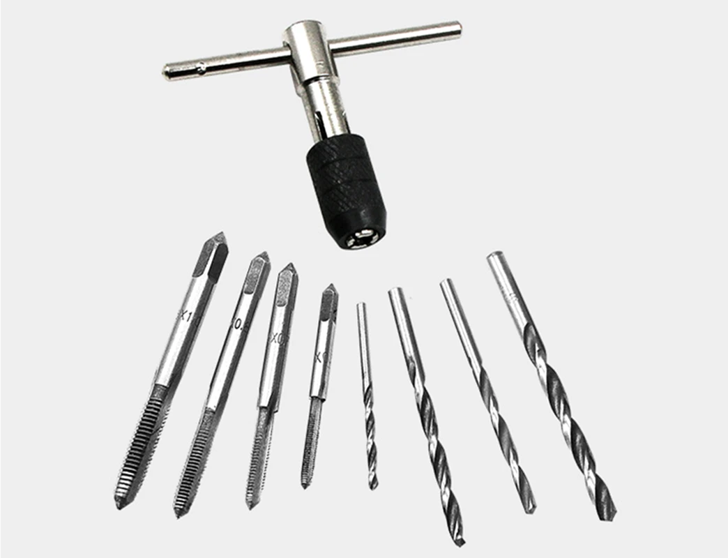 

T Type Handle Ratchet Tap Wrench+M3-M8 Machine Screw Thread Metric Plug Taps 9pcs Set
