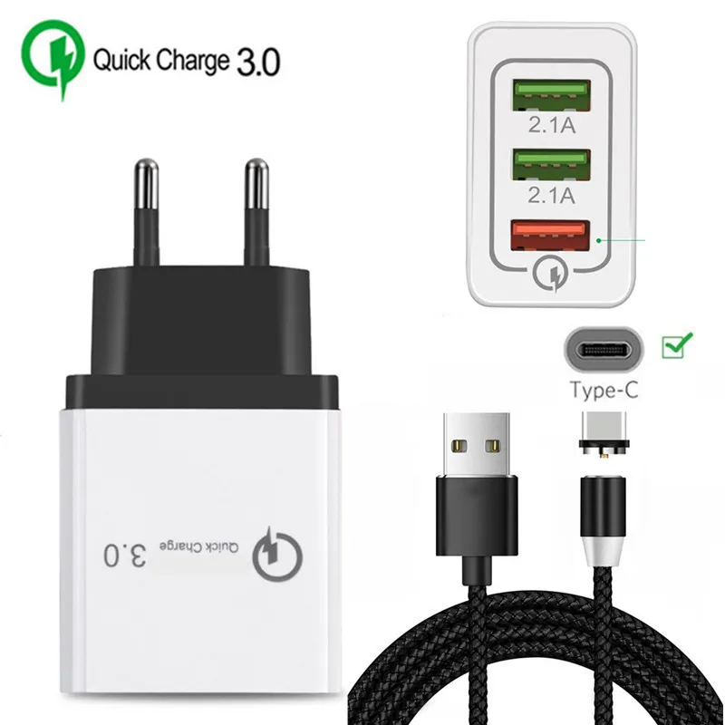 EU charger and cable Магнитный USB кабель QC 3,0 быстрое зарядное устройство type C Магнитный зарядный провод для samsung Galaxy S8 S9 A7 A5 A3 C9 Redmi K20 Note 7 Pro - Тип штекера: EU charger and cable