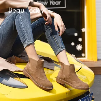 

BeauToday Chelsea Boots Women Pig Suede Leather Wingtip Brogues Elastic Band Ankle Boots Camel Color Lady Shoes Handmade 0401625