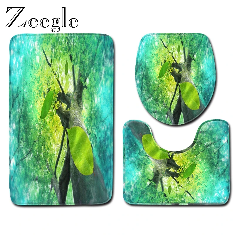 Zeegle Print Natural Bath Mat Set Pedestal Rug Lid Toilet Cover Anti-slip Bathroom Floor Mat Toilet Entrance Foot Rug Modern Rug