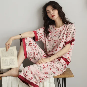 

Pajamas Women Short-sleeved Cropped Trousers Pajamas Set with Flowers Printing Lapel Casual Large Size Loose Style Home Clothes