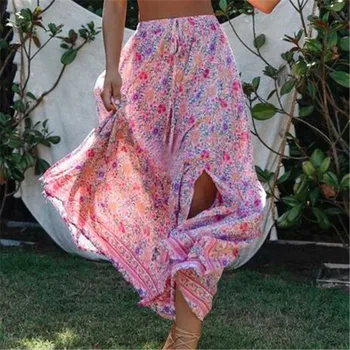

Flower Printed Long Skirts New Fashion Split Loose Beach Skirts Women Boho Style High Waisted Elastic Casual Maxi Underskirt Hot