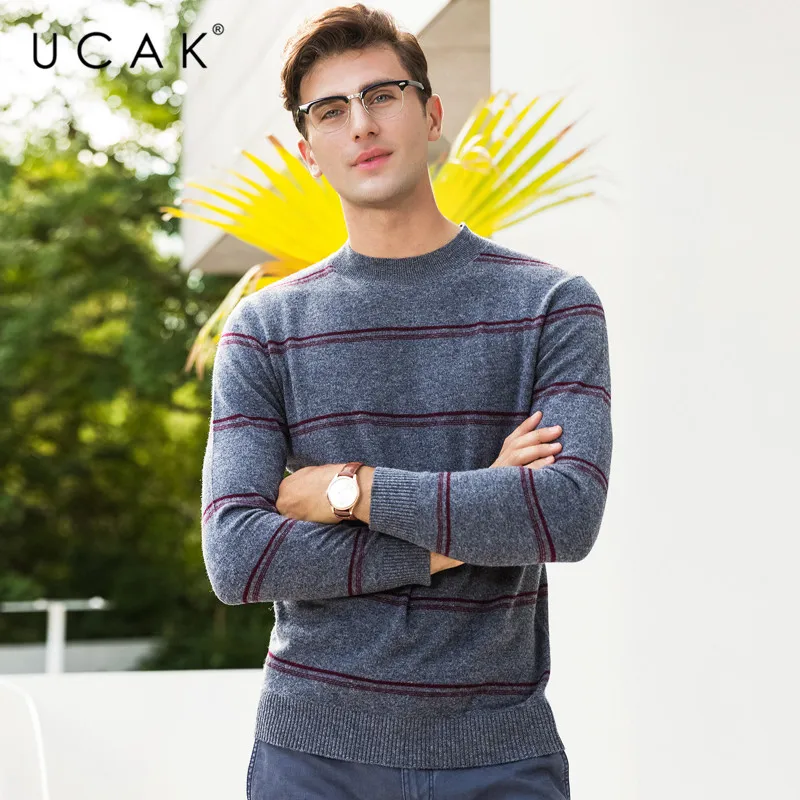 Promotion UCAK Brand 100% Merino Wool Sweater Men Casual Striped O-Neck Pullover Men Autumn Winter Warm Cashmere Sweaters Pull Homme U3072