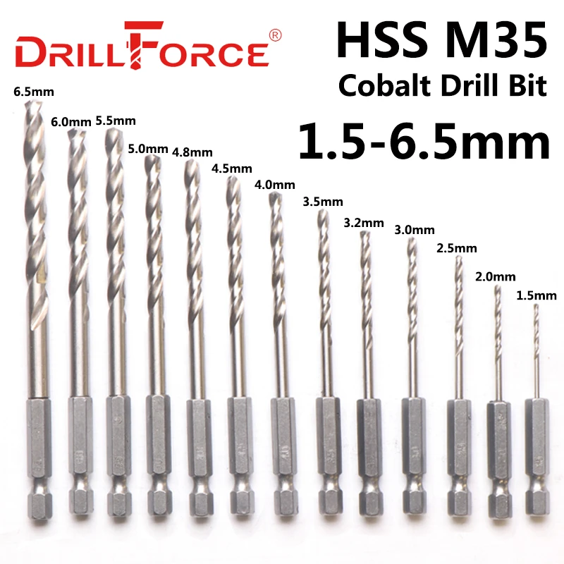 KHJK Durable 13pcs 1.5-6.5mm M35 Cobalt Drill Bit HSS-Co Twist Drill Bit Set 1/4 Inch Hex Shank 