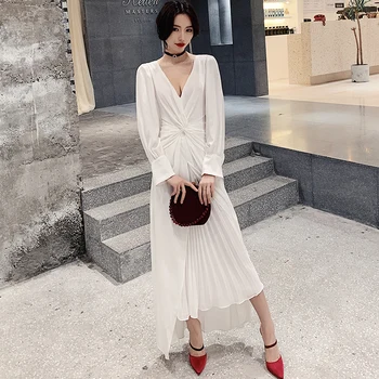 

Full Sleeve White Maxi Dress Deep V-Neck Waist Irregular Zipper Cheongsam Women Evening Party Long Gown Solid Color Vestidos
