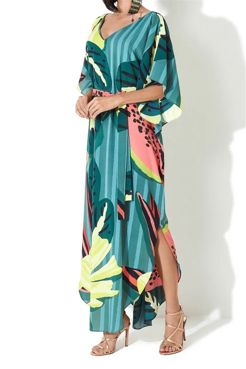 Зеленое богемное Тропическое принтованное летнее платье с рукавами летучая мышь с поясом и высокой талией пляжный кафтан размера плюс женская пляжная одежда N935