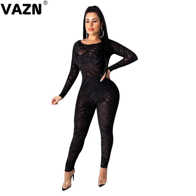 VAZN SN3708 Новые прозрачные Необычные Сексуальные Клубные открытые модные обтягивающие женские комбинезоны с длинным рукавом и открытой спиной