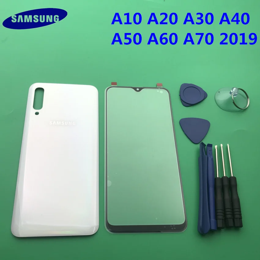 Передний экран стекло объектив для samsung Galaxy A10 A20 A30 A40 A50 A60 A70 крышка батареи задняя дверь корпус с клеем