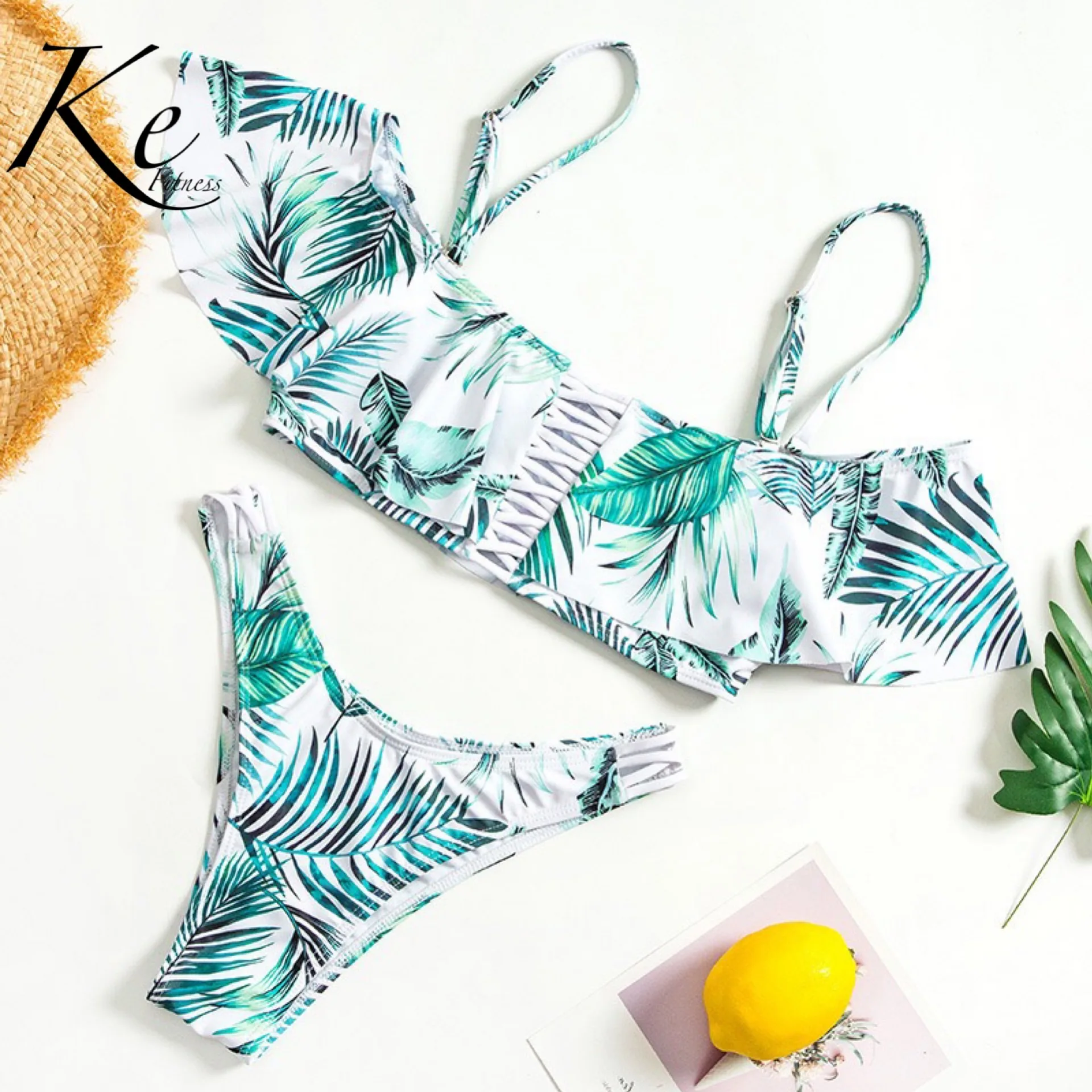 KE new two pieces swimsuit European American bikini ruffled swimwear leaves or leopard with pad and without steel hight waist