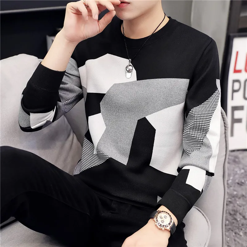 Модный брендовый мужской свитер, повседневный тонкий хлопковый вязанный мужской свитер с круглым вырезом высокого качества, лоскутный пуловер, мужская рубашка L-4XL