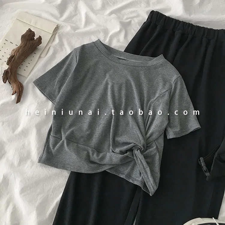 Casual Long Pant Set Women Short Sleeve T-shirt + Elastic High Waist Harem Pant Trouser Matching Set