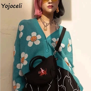 

Yojoceli cute smile flower knitted sweater cardigan women short knits casual outerwear cardigan 2019 autumn winter