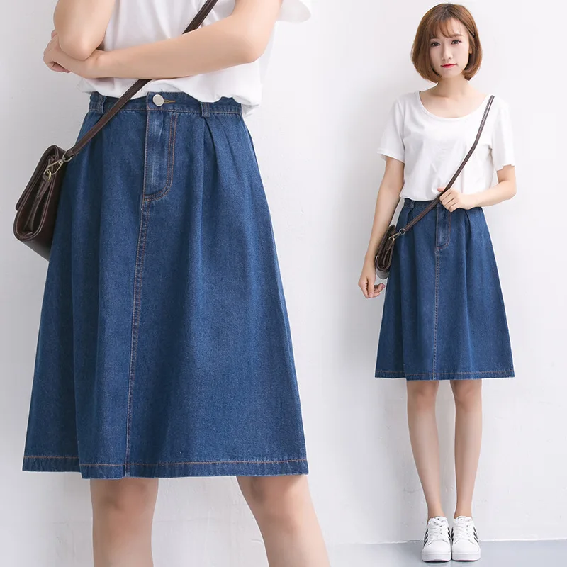

College Style Mid-length High-waisted Denim Skirt Slimming Simple Elastic Waist Students A- line Skirt Women's