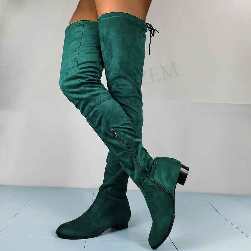 LGZ995 Green LAIGZEM/женские ботфорты из искусственной замши сапоги на молнии на низком каблуке Классические сапоги до бедра зимняя обувь Botines Botas, размер 48, 50, 51, 52 - Цвет: LGZ995 Green