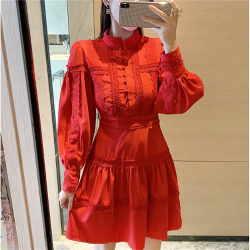 

Runway Red Stand Neck Party Dress Women Vintage Lantern Sleeve Lace Single Breasted Mini Dress Spring Autumn Elegant Dress