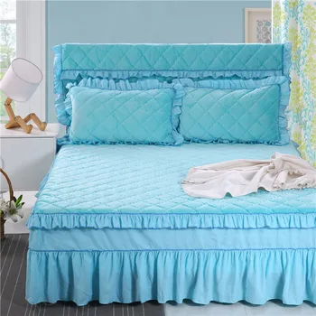 

Solid Warm Bedspread Quilted Thickening Plain Flannel Cotton Bed Skirt Bedding Set Bed Mattress Bed Cover for 1.2m/1.5m/1.8m Bed