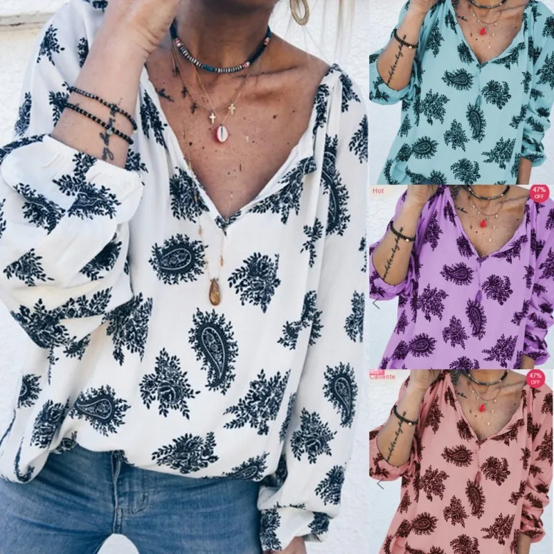 

Large size loose Women Blouse casual V-neck print long-sleeved shirt summer shirt