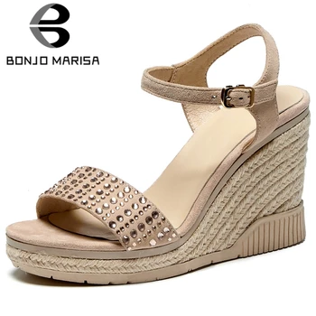 

BONJOMARISA New Arrival High Quality Natural Genuine Leather Suede Comfy Platform Sandals Women High Wedges Shoes Woman